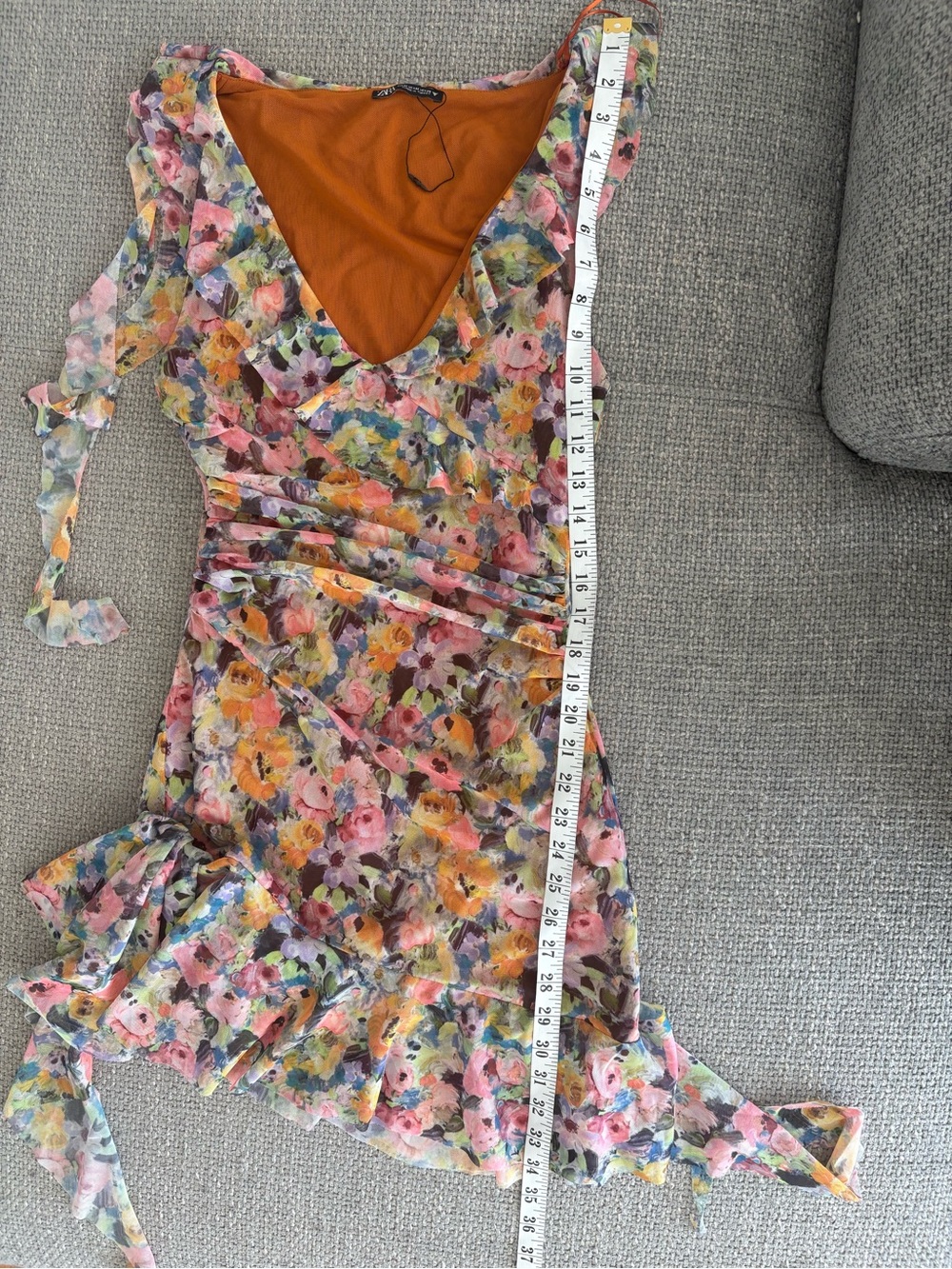 Zara Floral Ruched Asymmetrical Mini Dress Size Medium - Picture 9 of 9